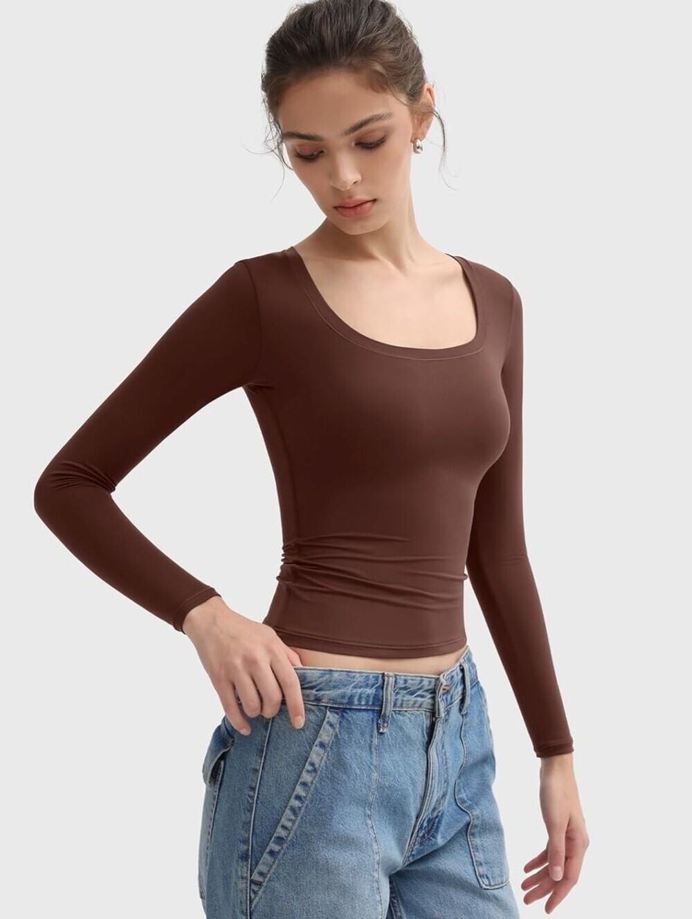 Pumiey Women's Long Sleeve Shirt Scoop Neck Slim Fit in Tiramisu, Medium